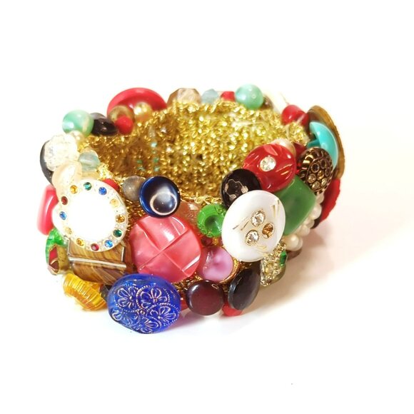 Vintage Art Deco Lucite Beads Rhinestone Buttons Stretch Elastic Cuff Bracelet - Picture 2 of 5